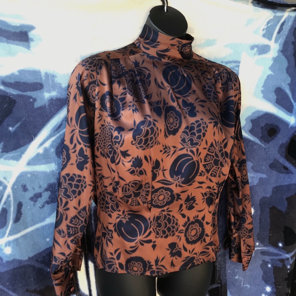 Levante vintage silk charmeuse blouse copper/cobalt, w/ skinny scarf, 10